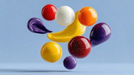 Poster - Colorful assortment of fruit-shaped balls are floating in the air. Concept of playfulness and creativity, as the fruit-shaped balls seem to be in motion