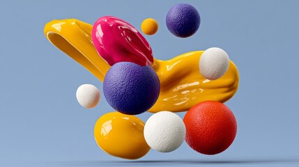 Poster - Colorful painting of balls and a brush with a yellow background. The painting is abstract and has a playful mood