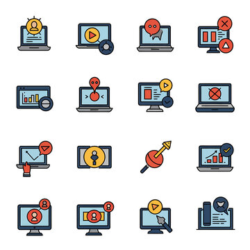 Collection of flat design icons representing digital marketing, analytics, and online business processes on computer screens.