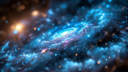 Swirling galaxy with bright blue and orange light, distant stars and cosmic dust