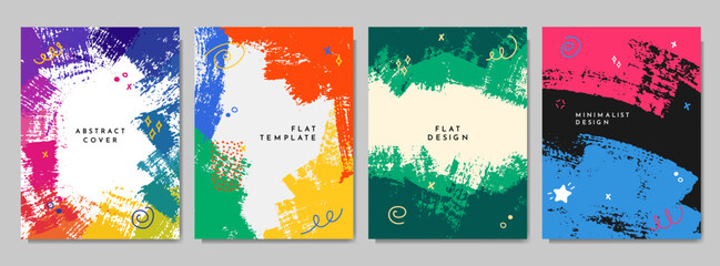 Poster - Vector illustration. Bright background. Paint brush strokes and hand drawn doodle elements. Trendy abstract color design for book cover, brochure, magazine, poster, flyer. Colorful childish style