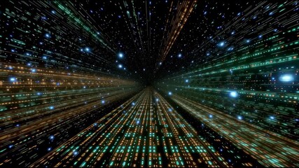 Poster - Futuristic space tunnel with glowing lights, digital grid, and star field merges with light speed travel through digital space, glowing lines, particles, and cosmic energy, evoking speed, technology