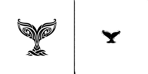Poster - A modern illustration of a whale tail serves as a logo and sea life symbol, presented as a black sign isolated on a white background