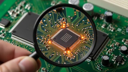 Poster - A hand holds a magnifying glass over a glowing computer chip on a green circuit board, highlighting intricate electronic details and components
