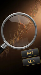 Poster - Magnifying glass over candlestick chart, showcasing financial market analysis, investment, trading, buy and sell options, stock market concept