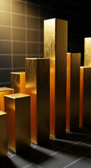 Poster - Golden bars graph, textured surface, dark background, illuminated, showcasing growth, success, and financial prosperity