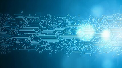 Poster - An intricate blue circuit board pattern with glowing lines and squares, representing advanced technology and digital networks