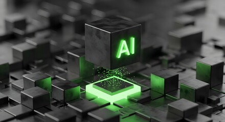 Poster - Neon green ai letters on dark cube with glowing particles. Artificial intelligence or machine learning concept for technology.