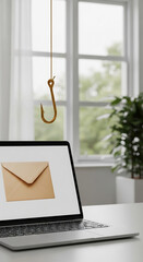 Poster - laptop screen displays envelope, gold hook hangs above, symbolizing phishing or online threats, conc