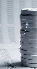 Poster - Stack of gray cylinders rising with upward arrow, symbolizing growth and financial success against a blurred spreadsheet background Mockup