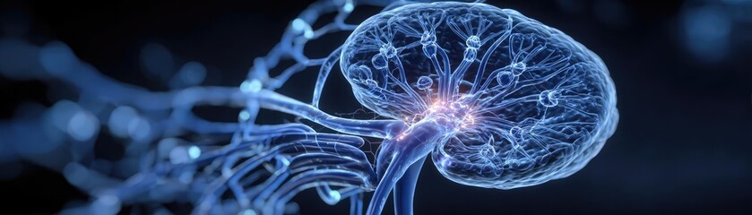Poster - Sudden urge from nervous bladder concept. Abstract visualization of neural connections with glowing effects.