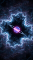 Poster - Purple planet with rings, nestled within swirling blue nebula cosmic clouds, evokes mystery and wonder, ideal for space, fantasy, or science fiction themes