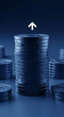 Poster - stack of dark-blue coins with upward arrow, symbolizing financial growth, investment, and wealth inc