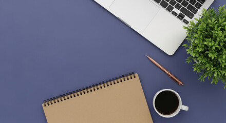 Poster - Flat lay showcasing a laptop, notebook, pen, coffee cup, and plant on a purple surface, suggesting a workspace or productivity concept, free space for text