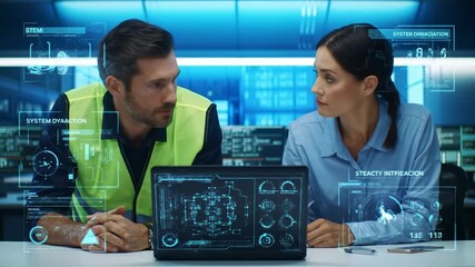 Poster - Engineers, man and woman, analyze futuristic digital data and hologram interface on laptop in high tech control room, focusing on advanced technology, teamwork, and system diagnostics