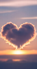 Poster - Heart-shaped cloud formation at sunset, warm orange and purple hues, symbolizes love, hope, and serenity, perfect for romantic or inspirational concepts