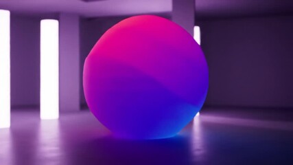 Poster - A large, rounded, abstract object with pink and blue gradient lighting sits in a white room with vertical lights.