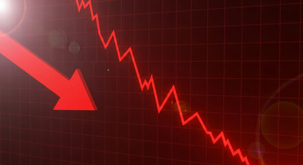 Poster - Red downward trending arrow on dark red grid background, symbolizing decline, loss, or negative trend in business or finance