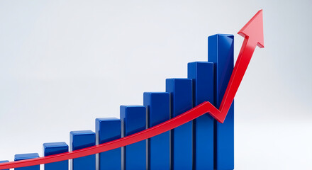 Poster - Ascending blue bar graph with a red arrow, symbolizing growth, success, and positive progress in business or finance