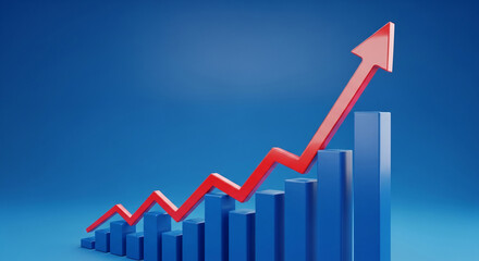 Poster - Red arrow rising above blue bar graph, symbolizing growth, progress, and success in business or finance