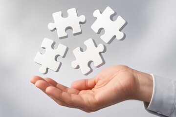 Poster - Hand Holding Jigsaw Puzzle Pieces: A person's hand, open and offering, delicately holds four individual jigsaw puzzle pieces against a muted backdrop, evoking a sense of connection and resolution.