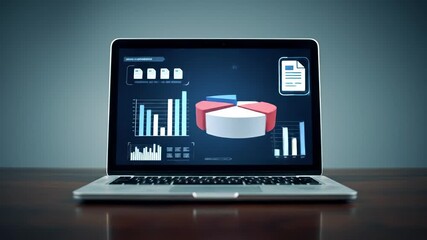 Poster - Laptop Displaying Data Analysis Pie Chart Bar Graph Document Icon Digital Report Business Analytics Modern Workspace Technology Productivity Financial Statistics Dashboard in Office