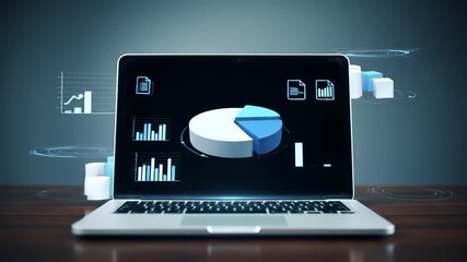 Poster - Laptop with 3D pie chart, data analysis, bar graph, document icon, and analytics dashboard, showcasing modern business technology, digital workspace, and professional innovation