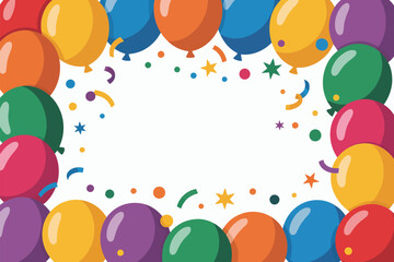 Poster - A festive frame of colorful balloons and confetti on a white background with a blank space in the center
