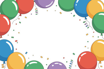 Poster - Colorful balloons and confetti forming a frame on a white background for a festive celebration