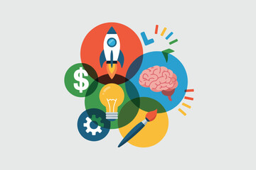 Poster - Illustration showing icons of a rocket, dollar sign, lightbulb, gear, brain, and paintbrush in circles