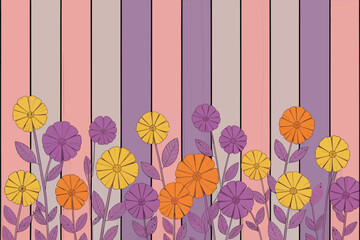Poster - Illustrated floral pattern with yellow orange and purple flowers against vertical striped background
