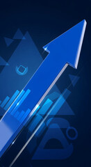 Poster - Blue arrow ascends against dark blue geometric background, symbolizing growth, progress, and success in business or technology