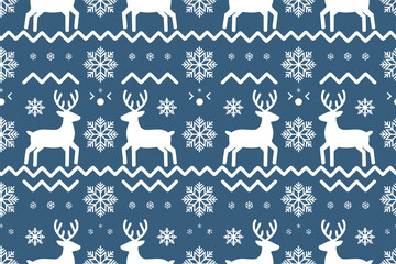 Poster - A repeating pattern of white reindeer snowflakes and geometric shapes on a blue background for festive design