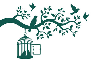 Poster - Silhouette of birds on a tree branch with a birdcage and open door and flying birds on a white background