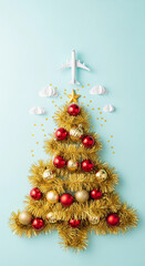 Poster - Gold tinsel Christmas tree shape with red and gold ornaments, airplane, and clouds on light-blue background, symbolizing Christmas travel