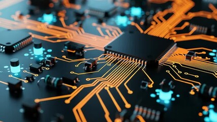 Poster - A closeup view of a complex electronic circuit board with glowing orange pathways and blue illuminated components, highlighting advanced technology and data processing