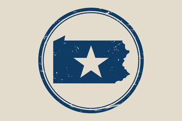Poster - A blue pennsylvania state shape with a white star inside a circle on a light beige background design