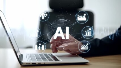 Poster - Artificial intelligence technology and data analysis drive digital innovation futuristic business office environments, with computer graph analytics, robotic hand interaction, and modern workspace