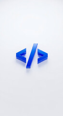 Poster - Blue angular 3D symbol on white background, representing coding, programming, and web development, suitable for technology-related projects