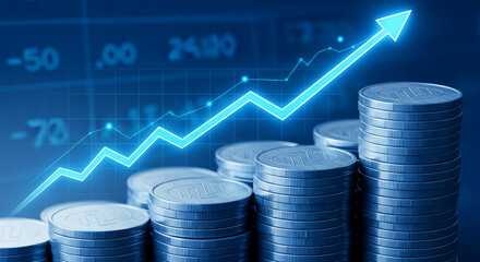 Poster - stacks of metallic coins rise alongside an upward trending graph, symbolizing financial growth and i