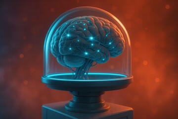 Poster - Artificial Brain: A futuristic illustration showcasing a high-tech brain encapsulated within a transparent, glowing container.