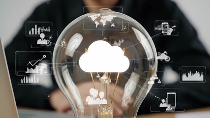 Poster - Cloud computing innovation concept with light bulb and cloud icon, digital transformation, data analytics, and technology for business growth, creative ideas, and modern solutions futuristic workspace