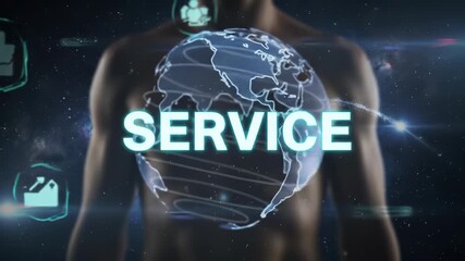 Poster - Service Technology Digital Globe Futuristic Human Network Communication Innovation Support—Glowing Digital Globe with Service Highlight, Futuristic Icons, Human Silhouette, Business Innovation