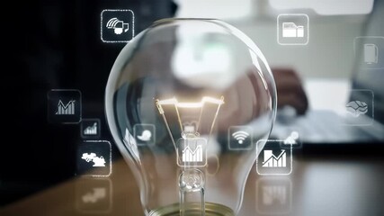 Poster - Light Bulb Innovation Technology for Business Growth Digital Marketing and Creative Idea Concepts with Glowing Light Bulb, Business Icons, and Modern Office Inspiration Highlighting Creativity