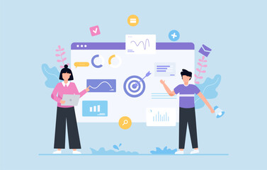 Poster - Business Marketing Strategy Illustrating Team Collaboration and Digital Analysis with Laptop and Dashboard Elements in a Modern Workspace