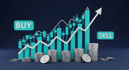 Poster - 3D rendering of upward trending teal stock market graph with silver coin stacks, symbolizing financial growth and investment success
