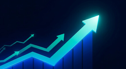 Poster - Ascending blue and teal arrows on a dark background, showcasing growth and progress, ideal for business or financial presentations, symbolizing success and upward trend
