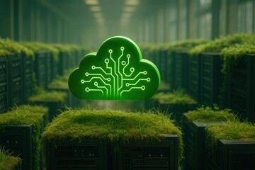 Poster - Renewable energy data center. Green cloud symbol with circuit design among servers covered in grass, symbolizing eco-friendly technology.