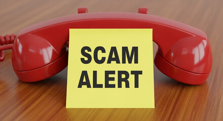Poster - Red telephone handset with yellow alert note, displaying 