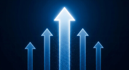 Poster - Glowing blue arrows ascending on dark background, symbolizing growth, progress, and success in business or technology